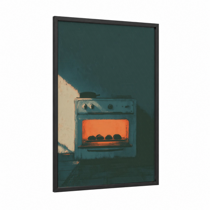 Vintage Oven Glow framed baking print — black wood frame — teal and orange palette