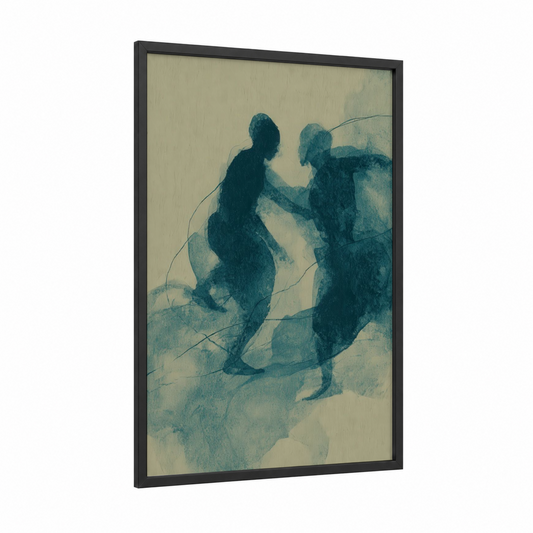 Dynamic Capoeira Dancers framed art print — black wood frame — teal and cream palette