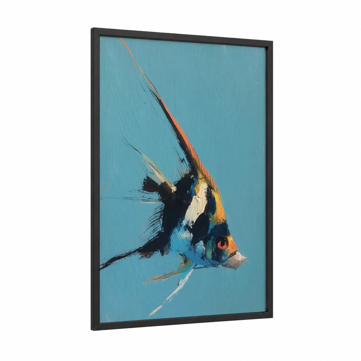 Striped Angel Fish framed art print — black wood frame — teal and gold palette