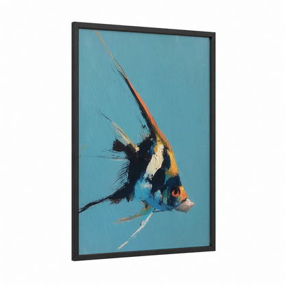 Striped Angel Fish framed art print — black wood frame — teal and gold palette