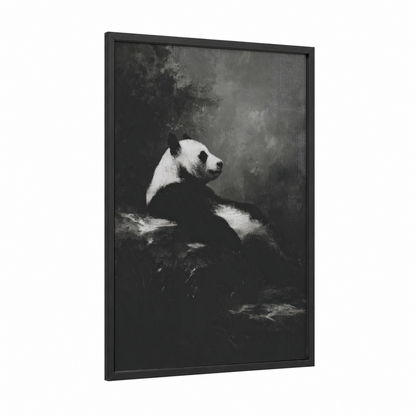 Contemplative Panda framed art print — black wood frame — black and white and gray palette