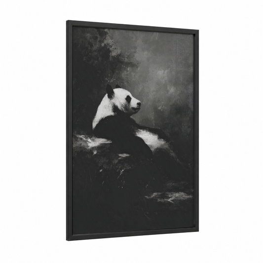 Contemplative Panda framed art print — black wood frame — black and white and gray palette