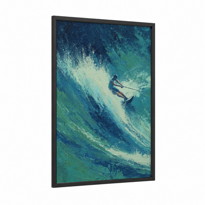 Wave Rider framed wakeboarding print — black wood frame — turquoise and blue palette