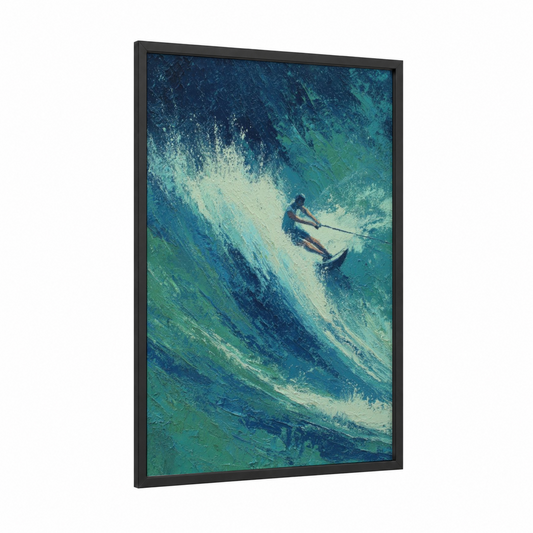 Wave Rider framed wakeboarding print — black wood frame — turquoise and blue palette