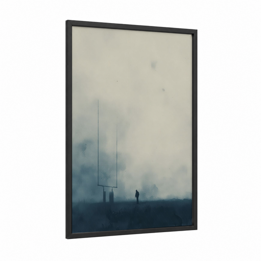 Misty Football Field framed art print — black wood frame — gray and dark blue palette