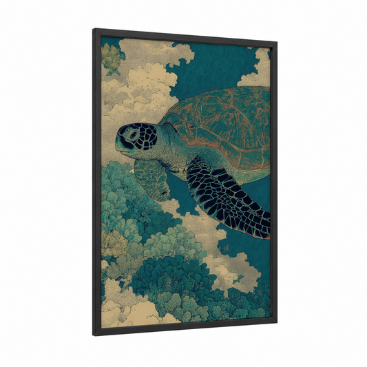 Serene Sea Turtle framed art print — black wood frame — teal and cream palette