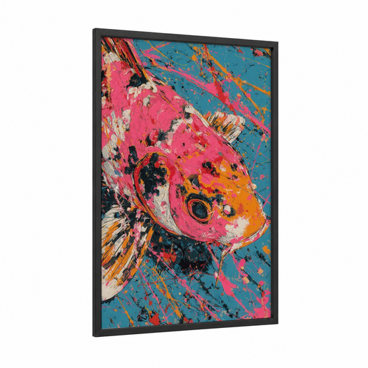 Vibrant Koi framed koi fish print — black wood frame — magenta and blue palette