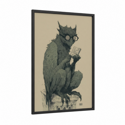 Scholarly Griffin framed art print — black wood frame — black and white and beige palette