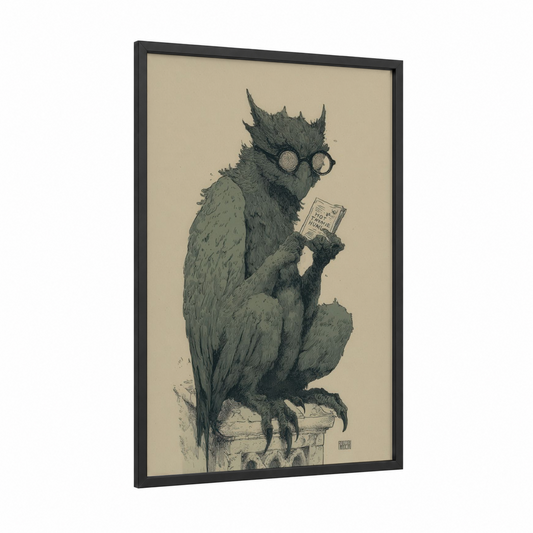Scholarly Griffin framed art print — black wood frame — black and white and beige palette