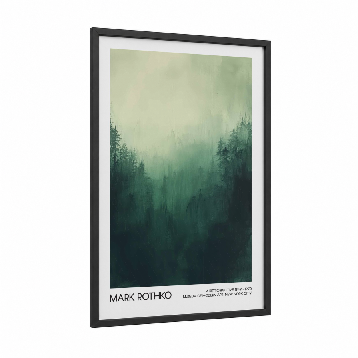 Misty Forest Abstraction framed abstract classic print — black wood frame — light green and dark green palette