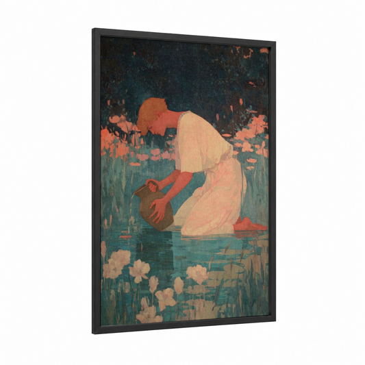 Water Bearer Zodiac framed aquarius print — black wood frame — teal and peach palette
