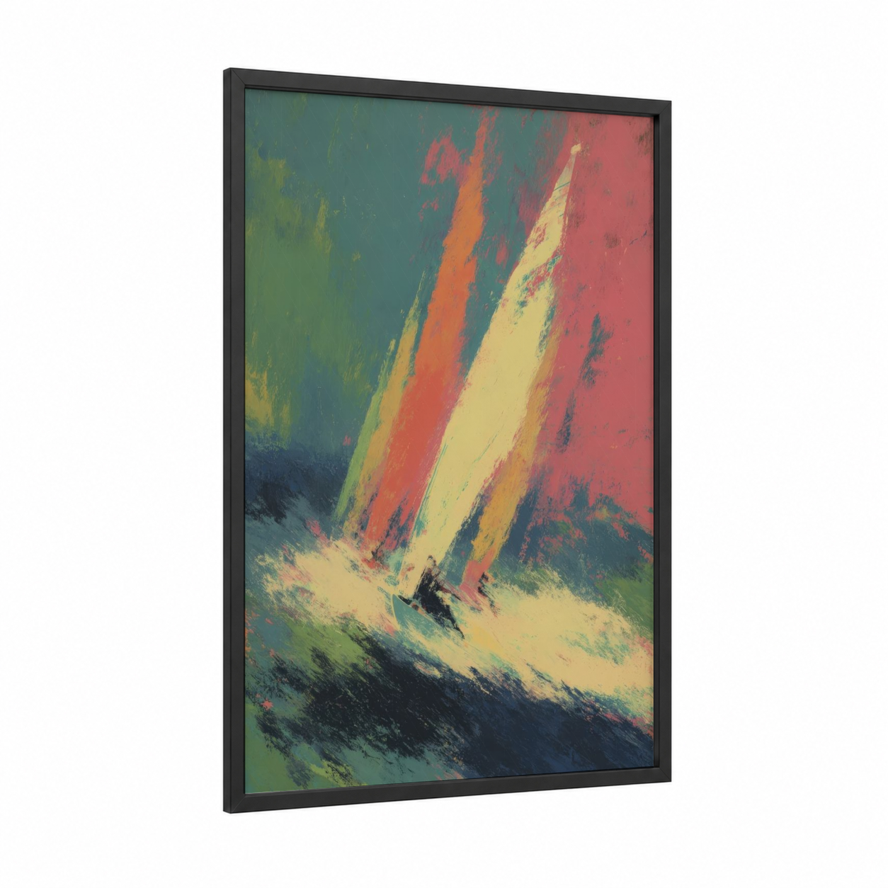 Vibrant Windsurfer framed windsurfing print — black wood frame — yellow and orange palette