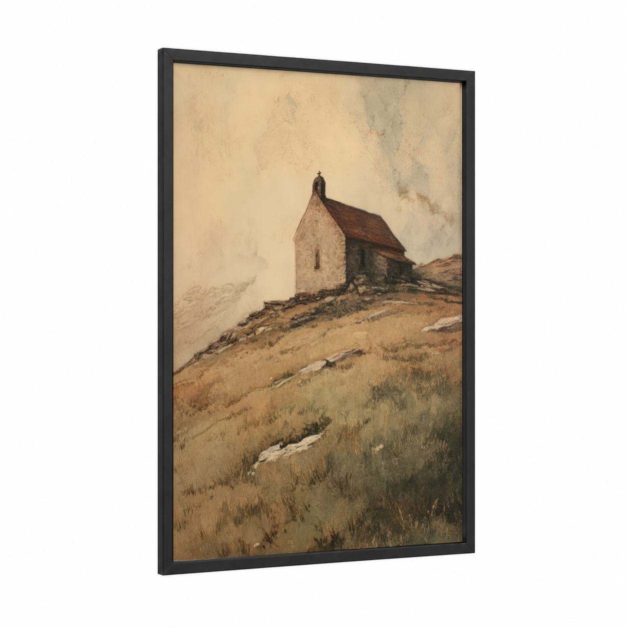 Alpine Chapel framed alps print — black wood frame — cream and russet palette