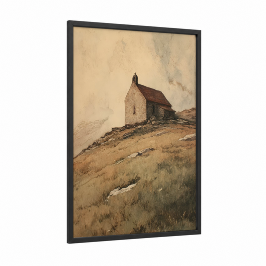 Alpine Chapel framed alps print — black wood frame — cream and russet palette
