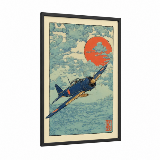 Crimson Skies Vintage framed vintage airplane print — black wood frame — teal and red palette