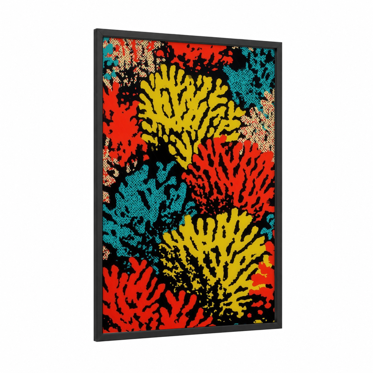 Vibrant Coral Garden framed art print — black wood frame — red and yellow gold palette