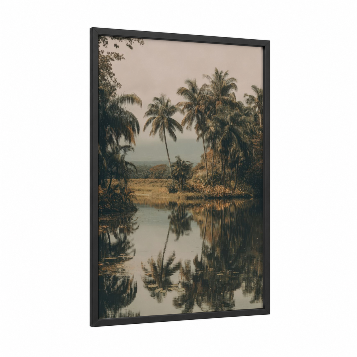 Misty Palm Reflection framed palm forest print — black wood frame — gold and gray palette