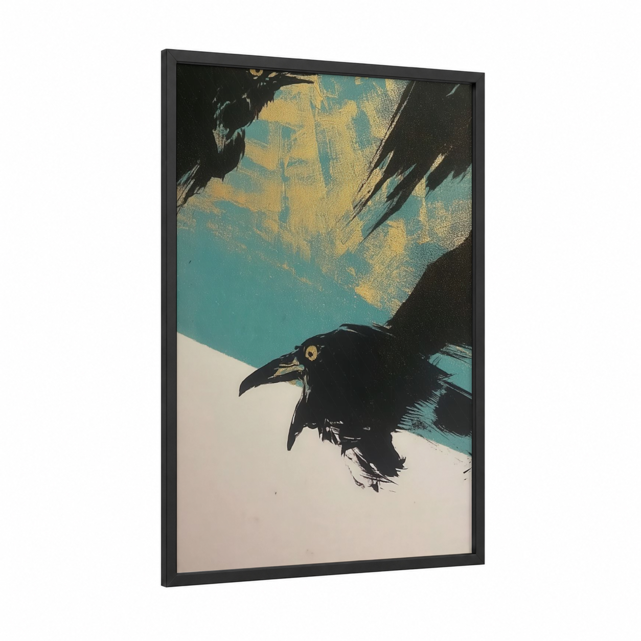 Golden Raven Abstract framed crows and ravens print — black wood frame — teal and yellow gold palette