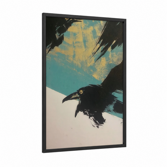 Golden Raven Abstract framed crows and ravens print — black wood frame — teal and yellow gold palette