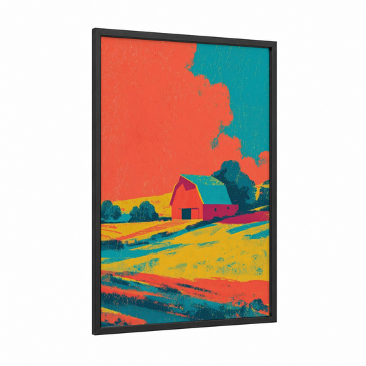 Colorful Barn Landscape framed art print — black wood frame — orange and teal palette