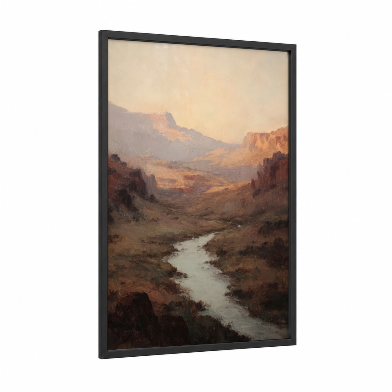 Desert Canyon Dawn framed art print — black wood frame — russet palette
