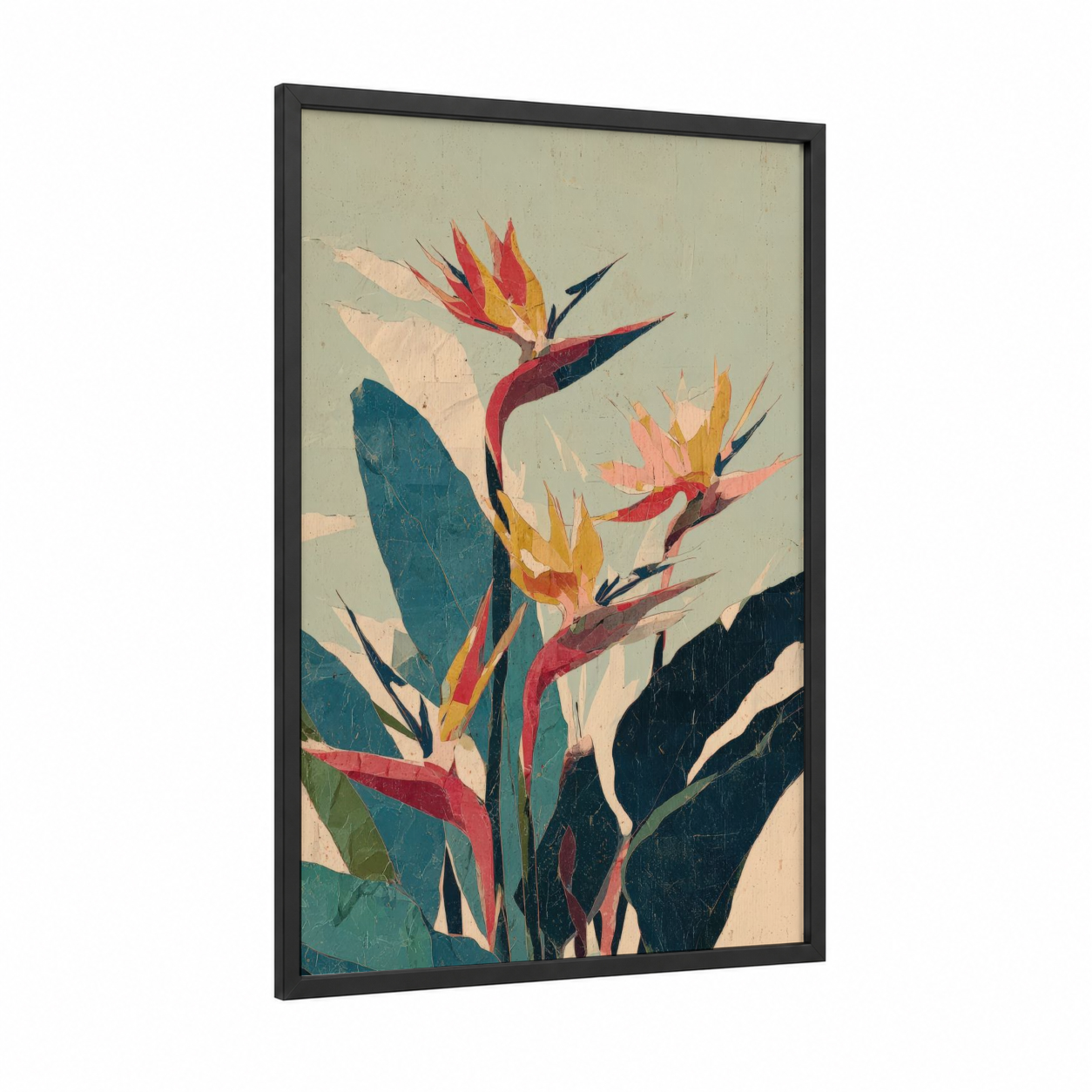 Tropical Paradise Blooms framed birds of paradise print — black wood frame — red and teal palette