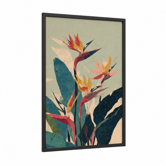 Tropical Paradise Blooms framed birds of paradise print — black wood frame — red and teal palette