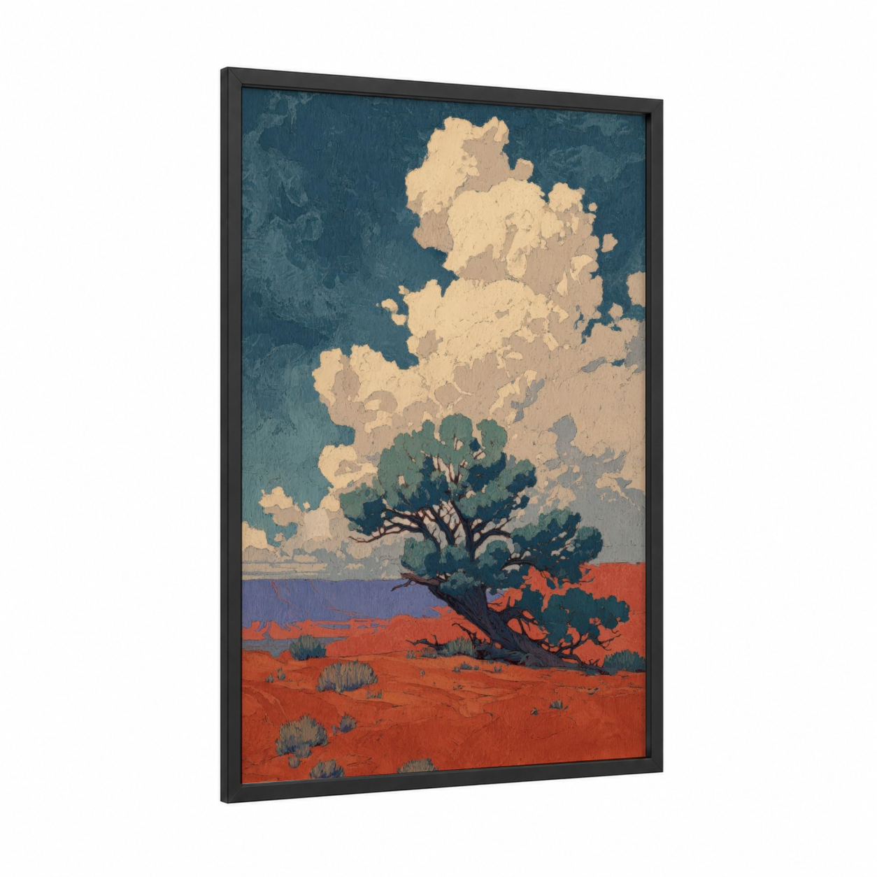 Desert Juniper framed juniper tree print — black wood frame — teal and peach palette