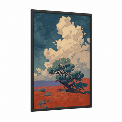 Desert Juniper framed juniper tree print — black wood frame — teal and peach palette
