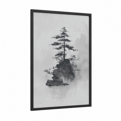 Misty Island Pine framed art print — black wood frame — gray and black and white palette