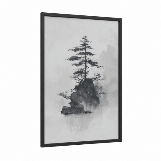 Misty Island Pine framed art print — black wood frame — gray and black and white palette