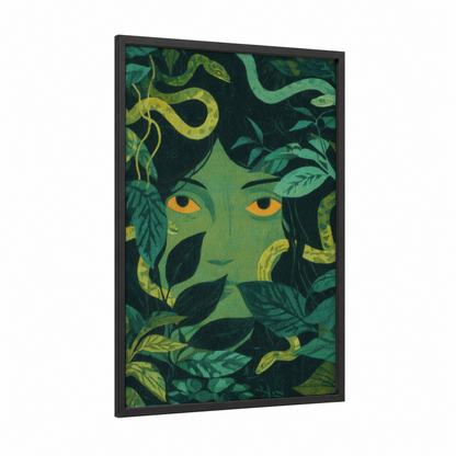 Serpent Medusa framed art print — black wood frame — true green and yellow gold palette
