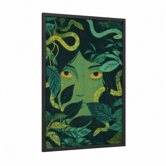 Serpent Medusa framed art print — black wood frame — true green and yellow gold palette