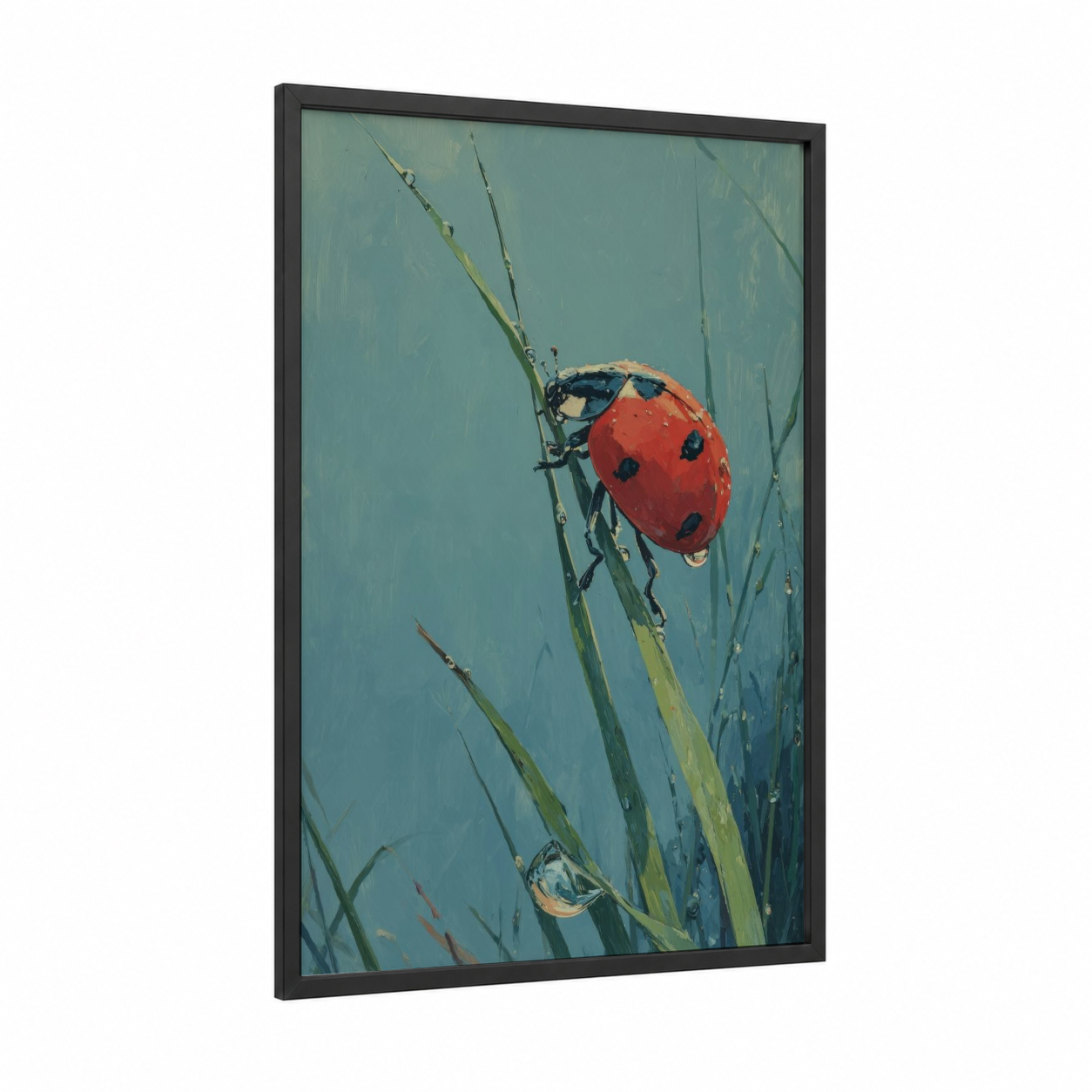 Crimson Ladybug framed art print — black wood frame — red and teal palette