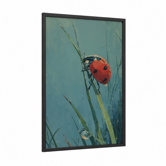 Crimson Ladybug framed art print — black wood frame — red and teal palette