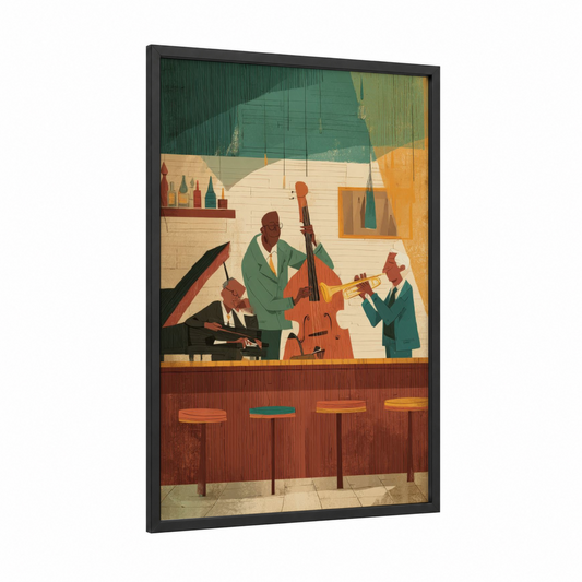 Jazz Ensemble framed musician print — black wood frame — orange and dark green palette