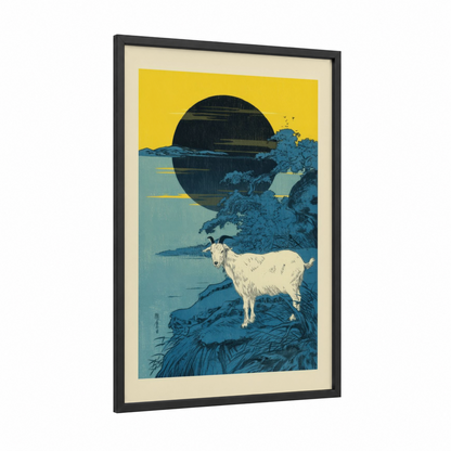 Moonlit Mountain Goat framed art print — black wood frame — yellow and teal palette
