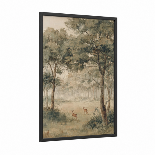 Misty Oak Forest framed art print — black wood frame — beige and gray palette
