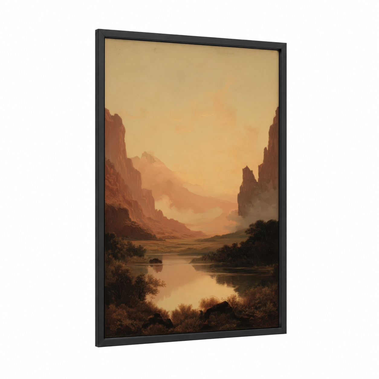 Desert Oasis Sunset framed art print — black wood frame — gold and russet palette