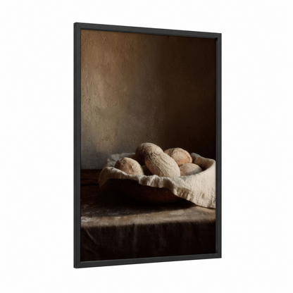 Artisan Bread Loaves framed kitchen utensils print — black wood frame — brown and cream palette
