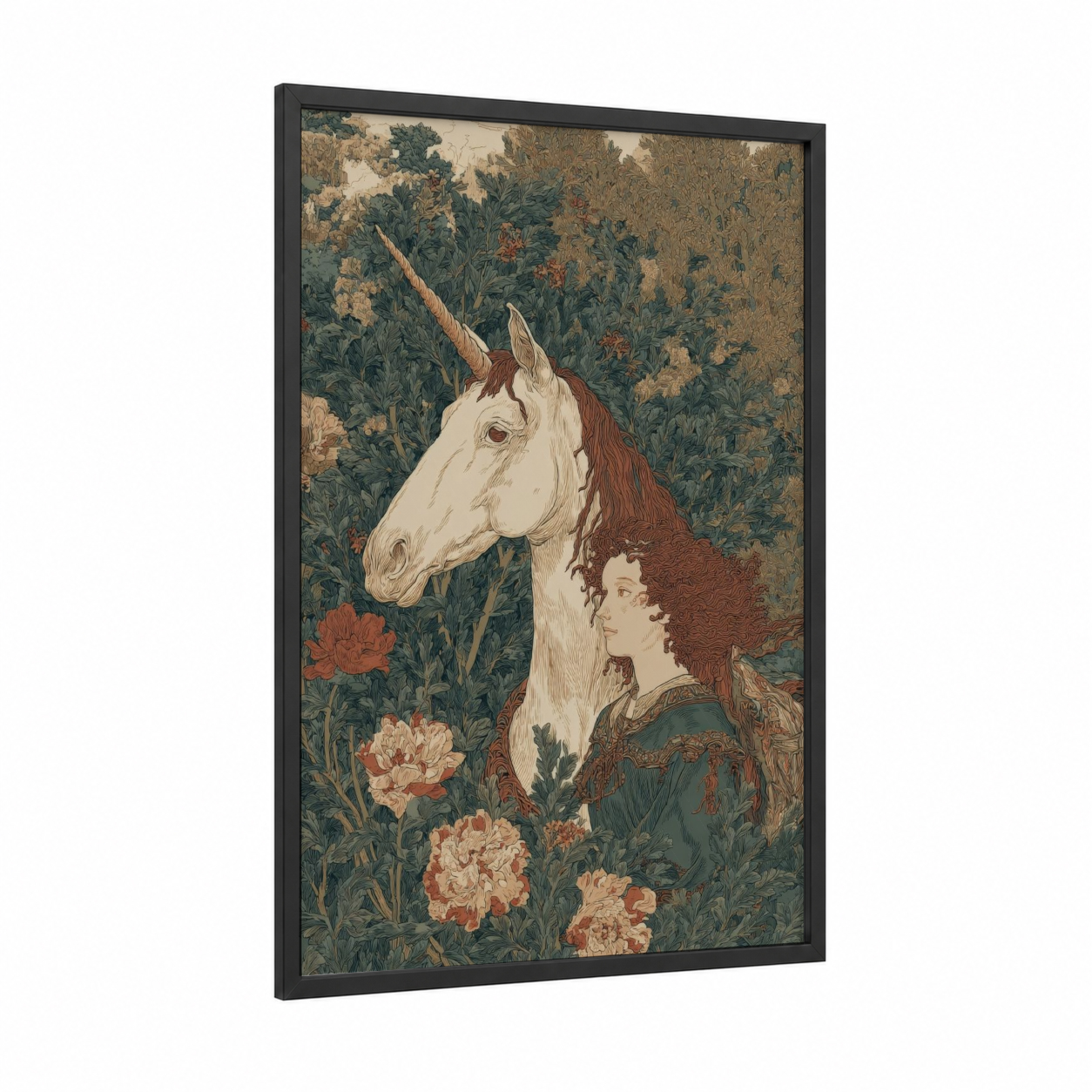 Maiden Unicorn framed unicorns print — black wood frame — cream and dark green palette
