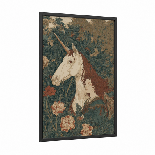 Maiden Unicorn framed unicorns print — black wood frame — cream and dark green palette