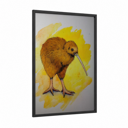 Golden Kiwi framed art print — black wood frame — yellow and brown palette