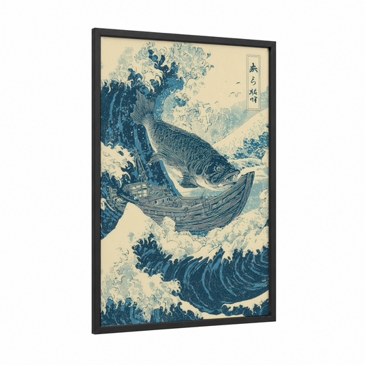 Great Wave Tarpon framed art print — black wood frame — blue and white and gold palette