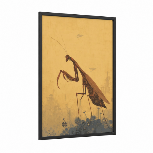 Steampunk Mantis framed prayin mantis print — black wood frame — gold and brown palette