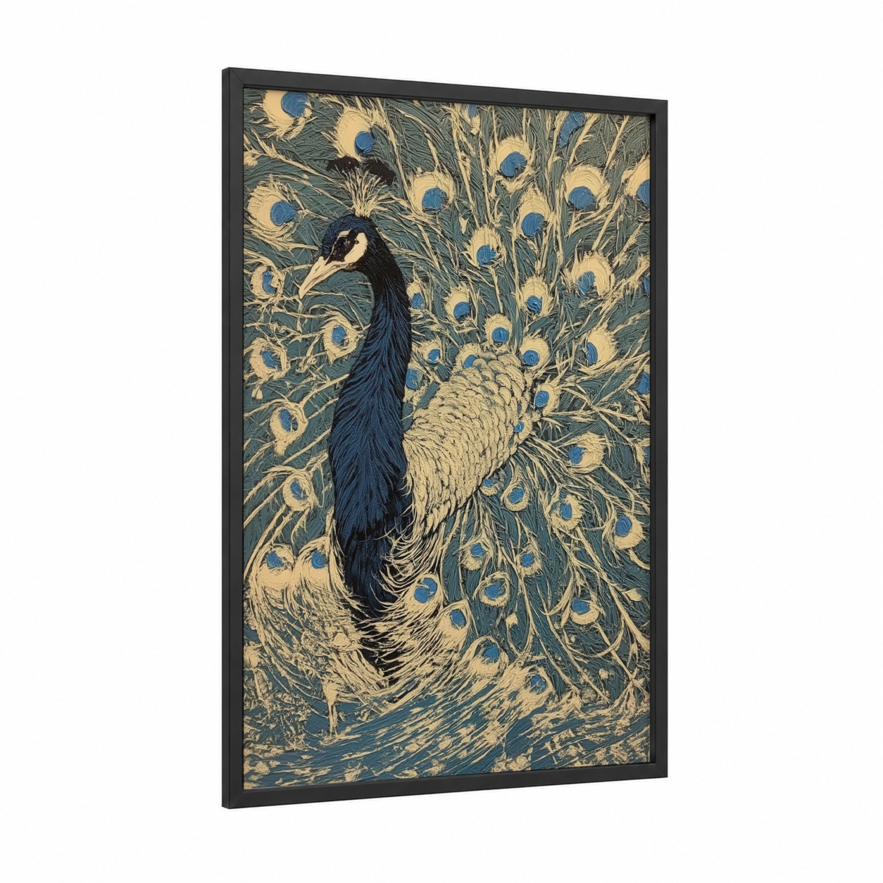 Regal Peacock Display framed art print — black wood frame — blue and cream palette