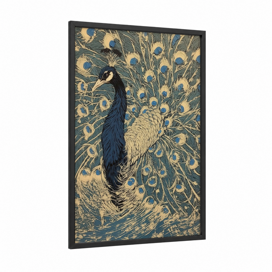 Regal Peacock Display framed art print — black wood frame — blue and cream palette