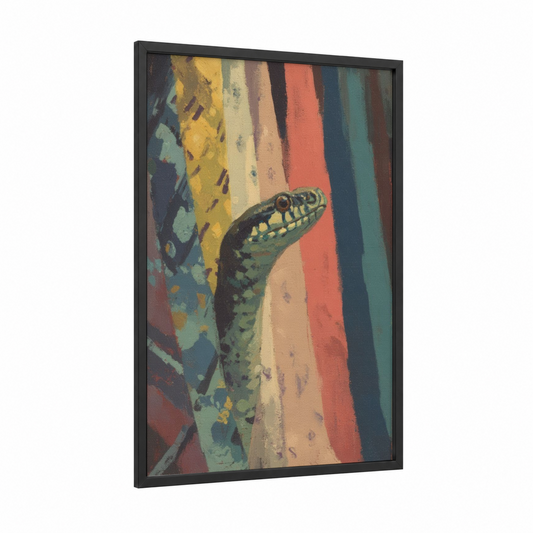 Striped Python Portrait framed art print — black wood frame — mustard and teal palette