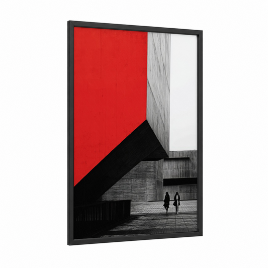 Crimson Geometry framed abstract architecture print — black wood frame — red and black and white palette