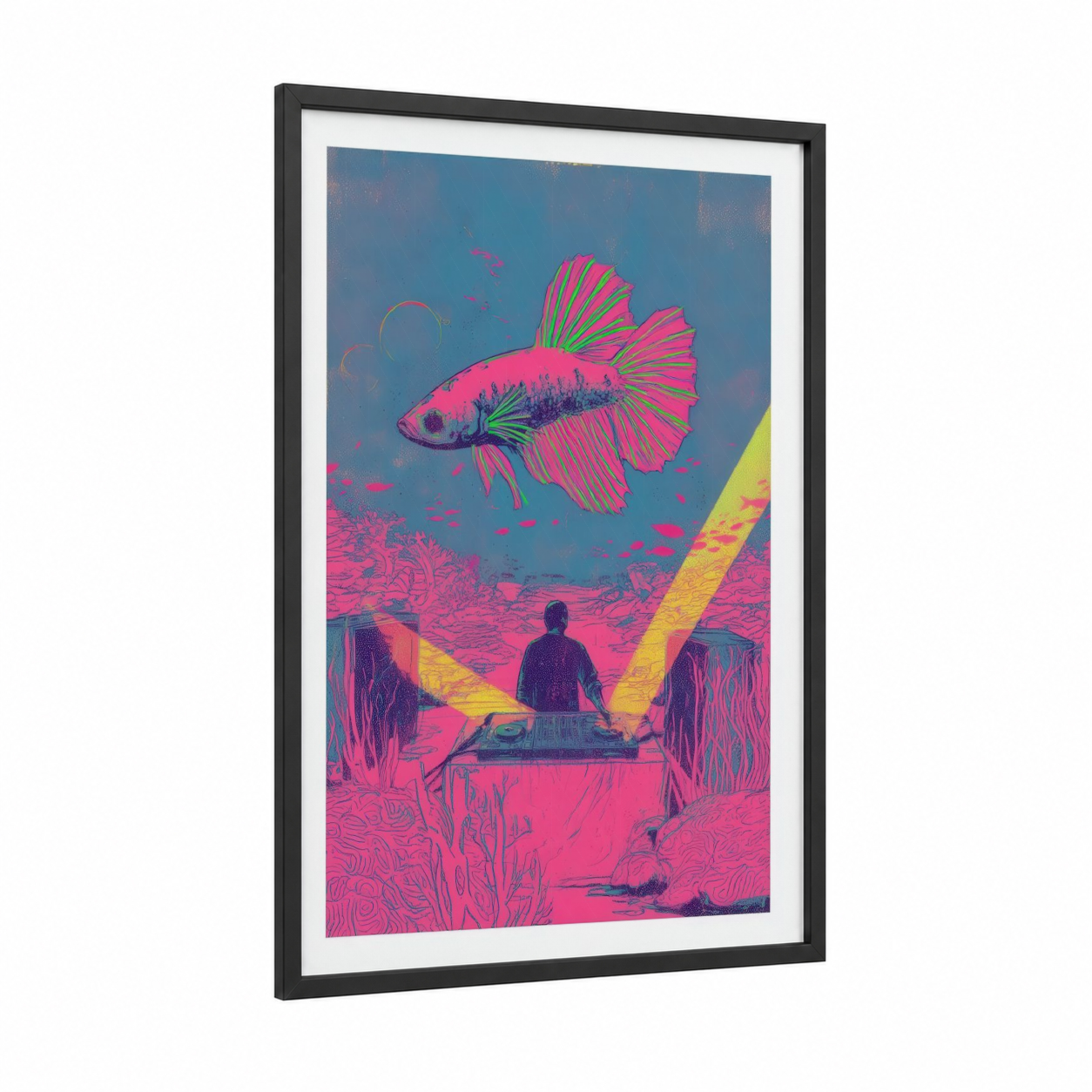 Neon Betta Fish framed fighting fish print — black wood frame — magenta and blue palette